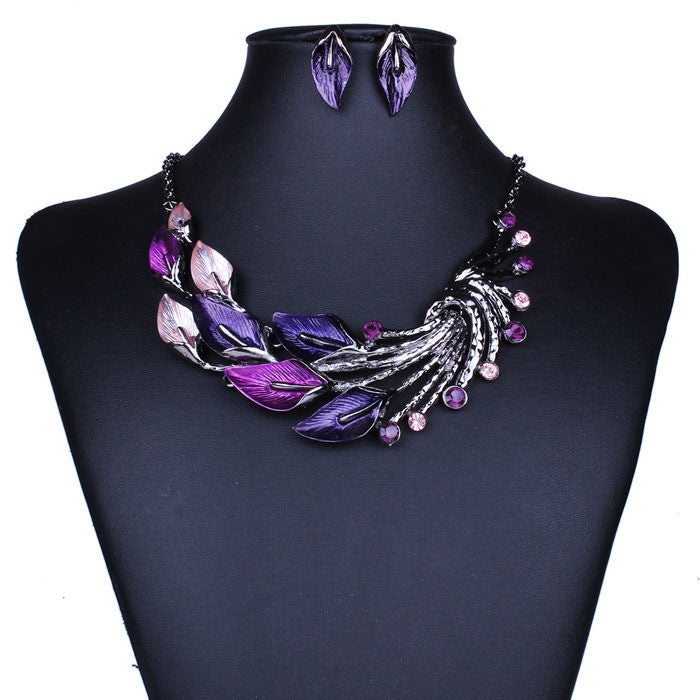 Elegant Women Lady Purple Peacock Enamel Bib Necklace Stud Earrings Set IMY66