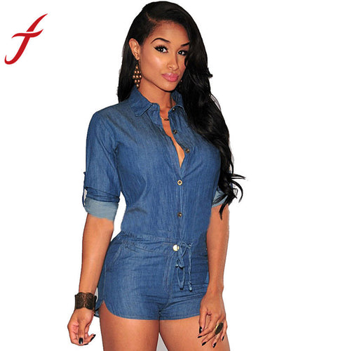 Jeans Jumpsuit Romper Women Short Bodycon Denim Jumpsuits Style V Neck Long Sleeve Sexy Club Wear Jumpsuits IMY66