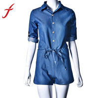 Jeans Jumpsuit Romper Women Short Bodycon Denim Jumpsuits Style V Neck Long Sleeve Sexy Club Wear Jumpsuits IMY66