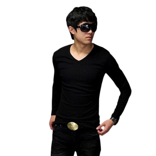 Men Shirt Real Solid Broadcloth No Full Men Slim Fit Cotton V-neck Long Sleeve T-shirt Tops IMY66