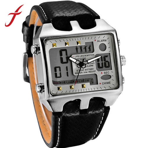 OHSEN Mens Stainless Steel Case s Black PU Leather LCD Digital Quartz Wrist Watch Relogio masculinos IMY66