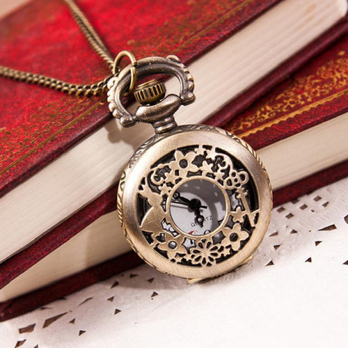 Vintage Designer Hollow Out Flowers Case Bronze Copper Quartz Pocket Watch Pendant Chain Necklace Fob Watches SE9 IMY66