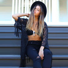 women Crochet kimono with tassels White tulle lace transparent blouse quimono Long sleeve loose sexy kimono cardigan IMY66