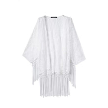 women Crochet kimono with tassels White tulle lace transparent blouse quimono Long sleeve loose sexy kimono cardigan IMY66