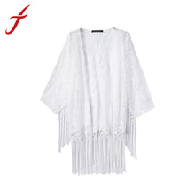 women Crochet kimono with tassels White tulle lace transparent blouse quimono Long sleeve loose sexy kimono cardigan IMY66