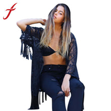 women Crochet kimono with tassels White tulle lace transparent blouse quimono Long sleeve loose sexy kimono cardigan IMY66