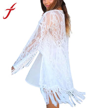 women Crochet kimono with tassels White tulle lace transparent blouse quimono Long sleeve loose sexy kimono cardigan IMY66