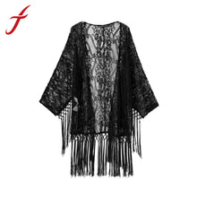 women Crochet kimono with tassels White tulle lace transparent blouse quimono Long sleeve loose sexy kimono cardigan IMY66