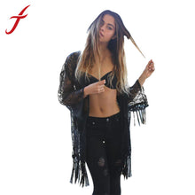 women Crochet kimono with tassels White tulle lace transparent blouse quimono Long sleeve loose sexy kimono cardigan IMY66